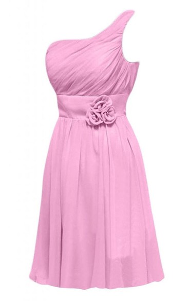 One-shoulder Pleated A-line Short Dress With Flowers
