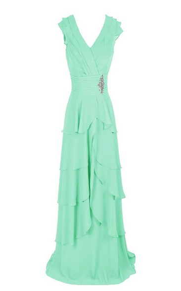 V-neck Tiered Chiffon A-line Gown With Crystal Detail