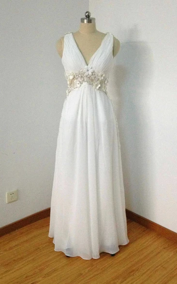 V-neck Chiffon Dress With Appliques And Illusion Back