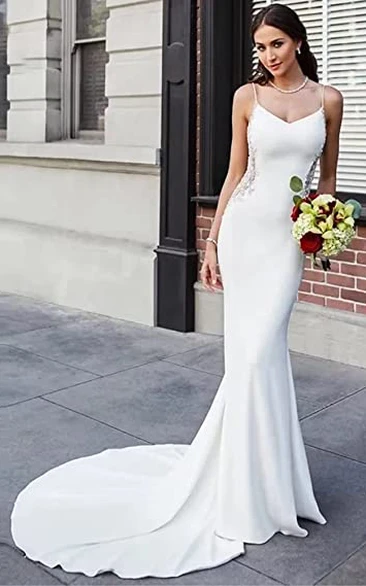 Spaghetti Mermaid Satin Wedding Dress Simple Casual Sexy Romantic Beach Western With Open Back And Sleevesless And Appliques