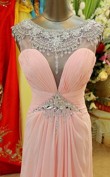Lovely Pink Crystal Beadings Evening Dress Long Chiffon