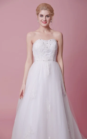 A-Line Strapless Lace-Appliqued Tulle Dress With Beaded Bodice