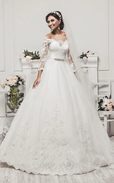 Delicate Tulle Lace Appliques Wedding Dress 3 4-Length Sleeve Beadings