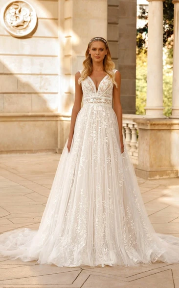 Sexy Deep V-Neck And Deep V-Back Charming Lace Tulle Wedding Dress with Embroidery