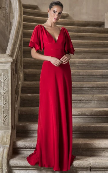 Elegant A Line Half Sleeve Satin V-neck Floor-length Formal Dress