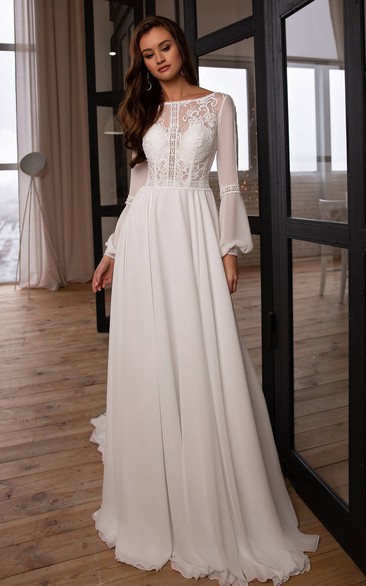 Vintage Chiffon and Lace Bateau A Line Sweep Train Wedding Dress with Ruching