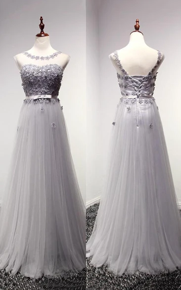 Floor-length Appliques Lace-up Back Tulle Dress