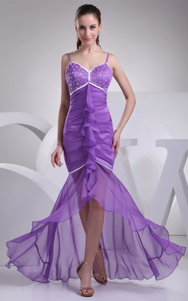 Spaghetti-Strap High-Low Mermaid Dress with Beading and Draping