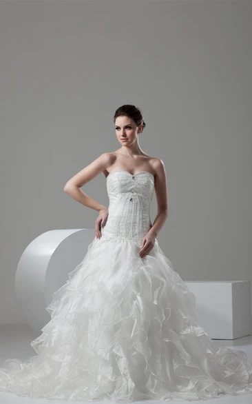 Strapless Beaded A-Line Gown with Ruffles and Chapel Train