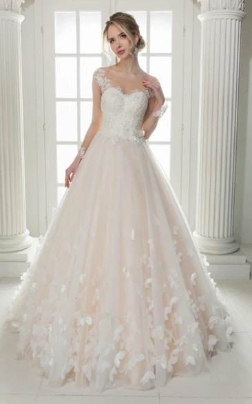 Illusion Scoop-Neck Cap-Sleeve A-Line Tulle Ball Gown Wedding Dress With Appliques