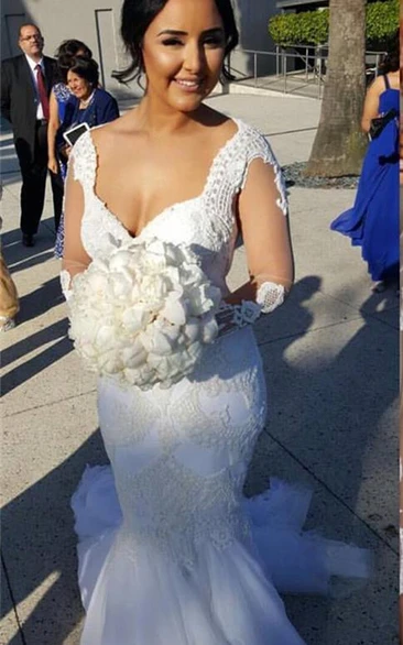 Sexy Tulle Lace Mermaid Wedding Dress Long Sleeve Sweep Train