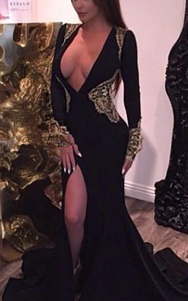 Sexy Gold and Black Long Sleeve Prom Dresses Mermaid Deep V-neck