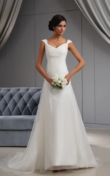 Plunged Organza Ruched Dress With Tulle Overlay