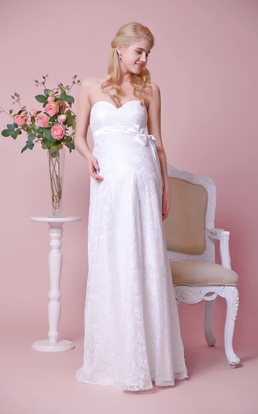 Strapless Empire Waist Lace Long Maternity Wedding Dress With Satin Bow