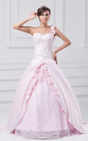 Single-Strap Sweetheart Embroidered Ball Gown with Flower