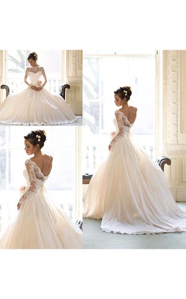 Elegant Lace A-line Bowknot Wedding Dress Court Train Long Sleeve