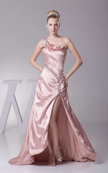 Single-Strap Front-Split Floor-Length Dress with Ruching and Beading