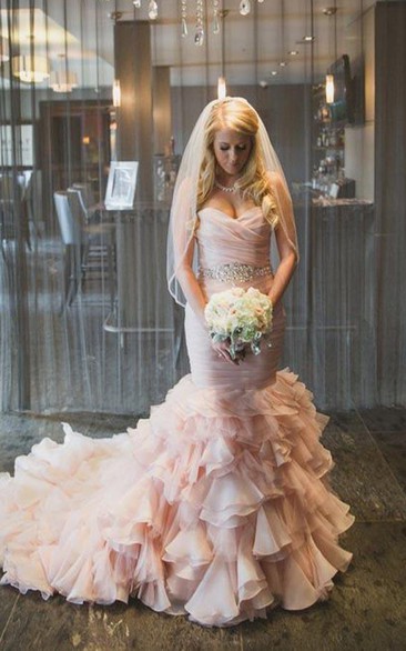 Sweetheart Tiered Train Organza Mermaid Wedding Dress with Beading