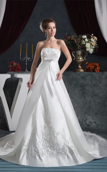 Strapless Satin A-Line Gown with Embroideries and Bow