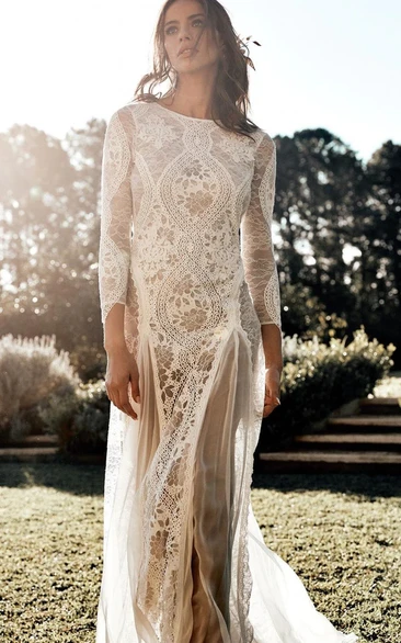Mermaid Lace Tulle 3/4 Length Sleeve Wedding Dress 2023 Simple Sexy Elegant Ethereal Bateau Neck Sweep Train