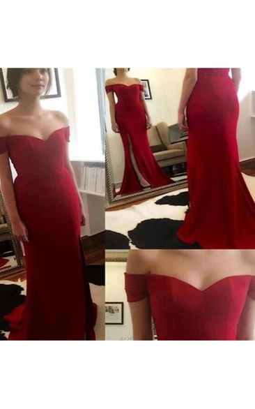 Red Off Shoulder Side Slit Satin Prom Dress