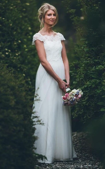 Simple Adorable A Line Satin Lace Tulle Bateau Short Sleeve Wedding Dress