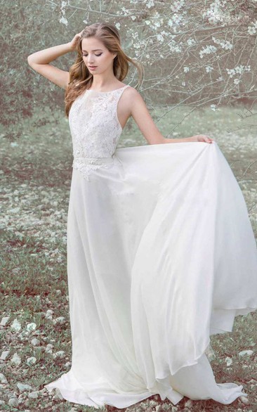 Bateau Sleeveless A-Line Wedding Dress With Lace Top