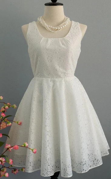 Square Neck Sleeveless Short Lace Dress With Back Bow