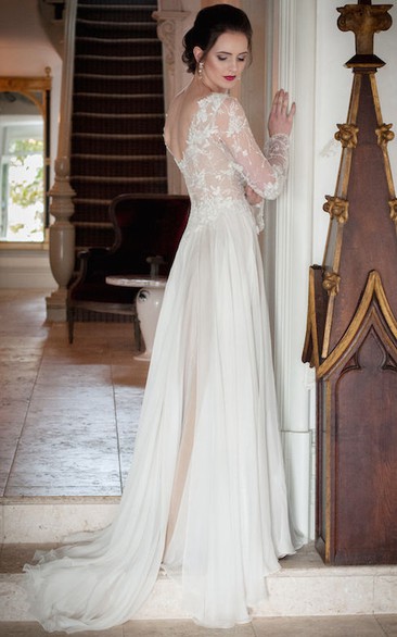 Sheath V-Neck Illusion-Sleeve Chiffon Wedding Dress