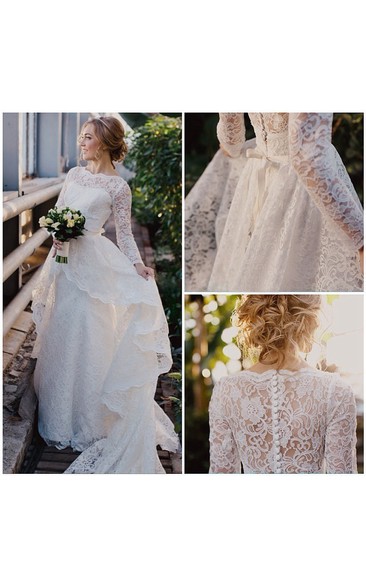Long Sleeve High Neck Layered High Low Lace Gown With Illusion Back