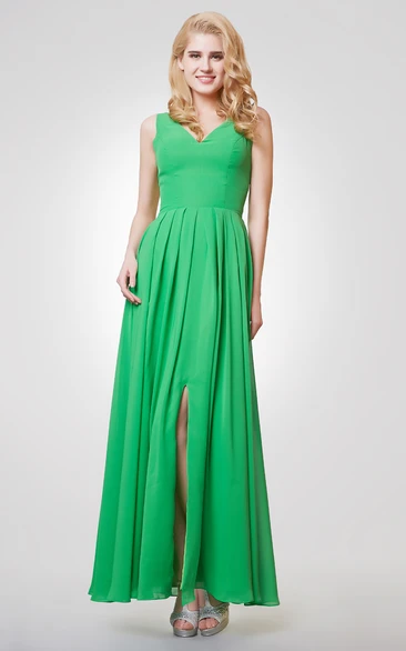 A-line Long Pleated Chiffon Dress With Straps