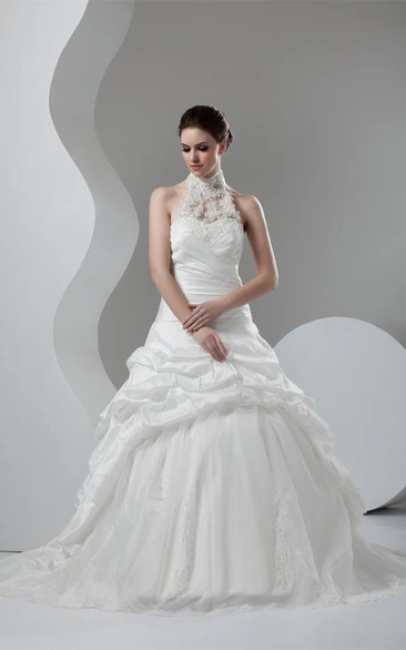 High-Neck Sleeveless Pick-Up Gown with Beading and Appliques