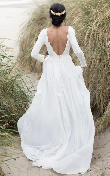 Simple Lace and Chiffon Bateau A Line Sweep Train Wedding Dress with Ruching