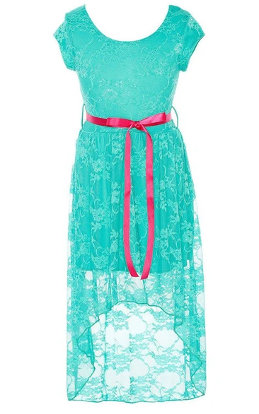 Short-sleeved High-low Lace Dress With Sash