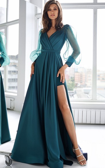 Romantic Satin V-neck A Line Floor-length Mother Dress with Ruching and Split Front