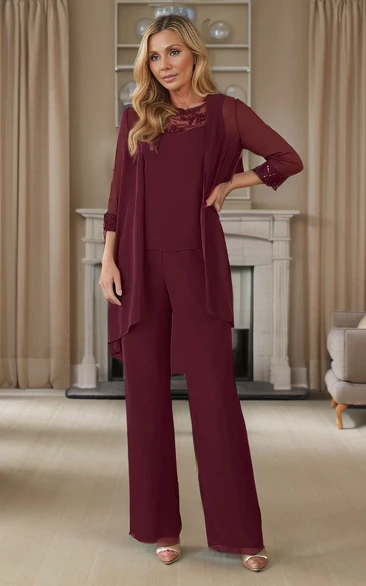 Simple Casual Chiffon MOB Dress Floor-Length Tripartite Pantsuit Lace Appliques