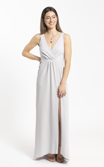 Sheath Chiffon Front Split And Ruched Details Bridesmaid Dress With Plunging Neckline