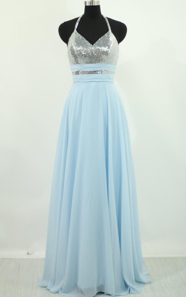 Halter Chiffon Dress With Sequins And Open Back