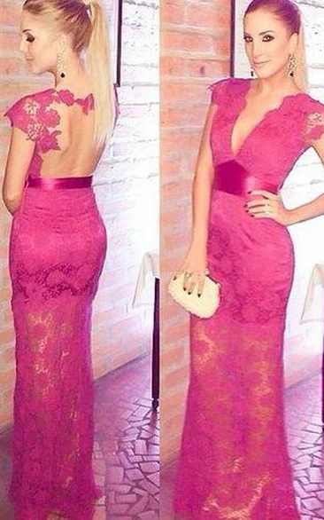 Newest Lace Appliques V-neck Cap Sleeve Prom Dress A-line Floor-length