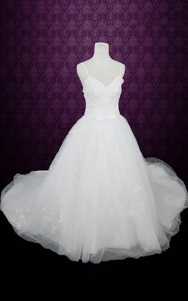 Ball Gown Strapped Tulle Lace Dress With Appliques Flower