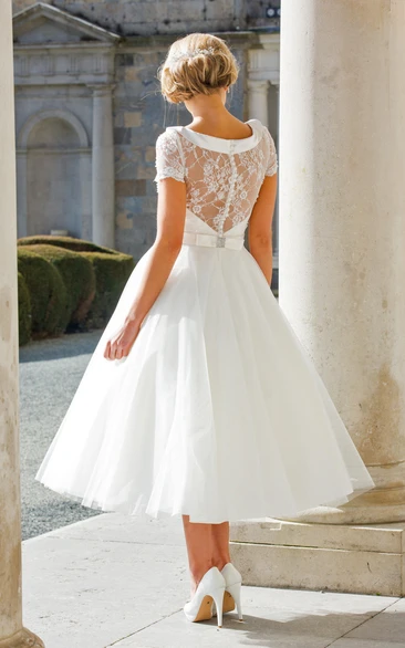 Tea-Length A-Line Cap Sleeve Beaded Bateau Neck Tulle