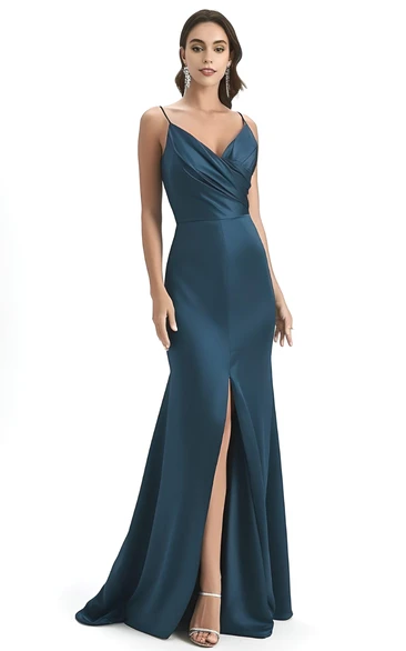 Elegant Mermaid Spaghetti Satin Sleeveless Evening Dress with Split Front Simple Sexy Bohemian Ethereal