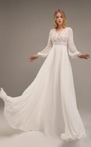 Boho Lace Plunging V-neck Long Sleeve Elegant A-Line Beach Bride Dress Button Back