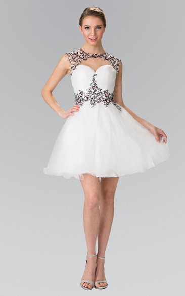 A-Line Mini Jewel-Neck Cap-Sleeve Tulle Satin Keyhole Dress With Ruching And Appliques