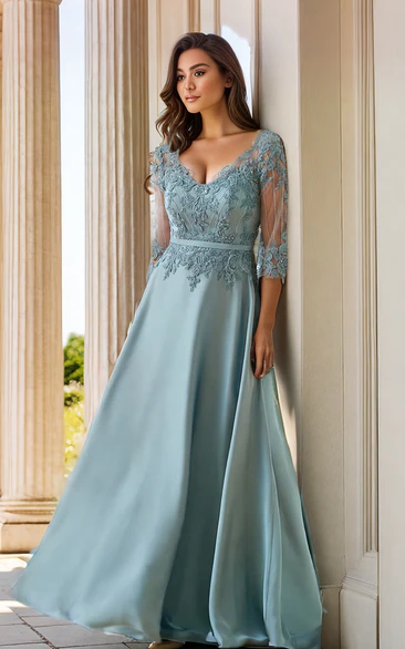 Elegant Mother of the Bride Satin A-Line Floor Length V-neck with Zipper Back Lace Appliques Prom Dress