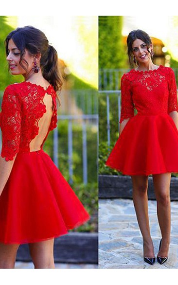 A-line Jewel Scalloped Half Sleeve Lace Ruching Short Mini Satin Lace Homecoming Dress