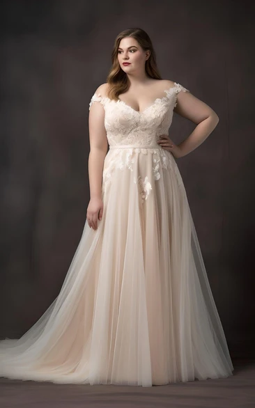 Plus Size A-Line Tulle Sleeveless 2023 Wedding Dress Simple Sexy Elegant Romantic V-neck Floor-length Sweep Train