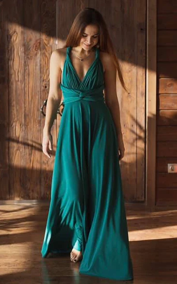 Modern Convertible V-neck Jersey Bridesmaid Dress With Short Sleeves And Cross Back