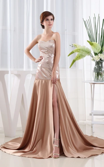 Strapless Front-Split Satin Dress With Sequined Top