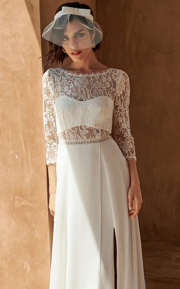 Simple A Line Floor-length 3/4 Length Sleeve Chiffon Bateau Wedding Dress with Split Front
